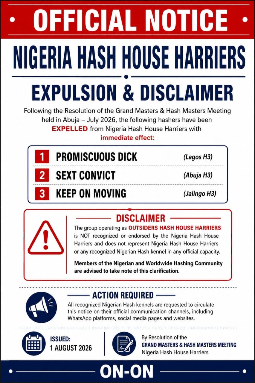 Nigeria Hash House Harriers official disclaimer and notice to the hashing community