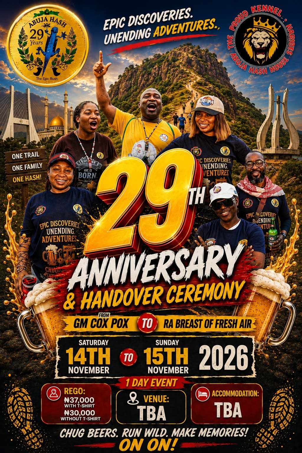 Abuja Hash House Harriers 29th Anniversary and Handover run, 14 to 15 November 2026